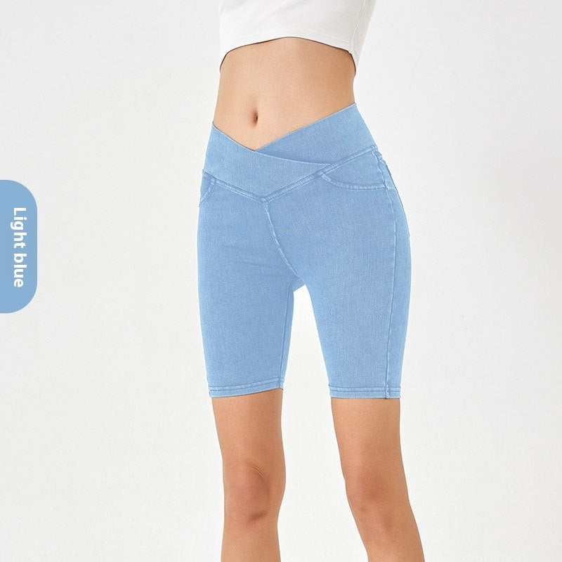 Cross High Waist Denim Shorts Women's High Elastic Sports Cycling Pants