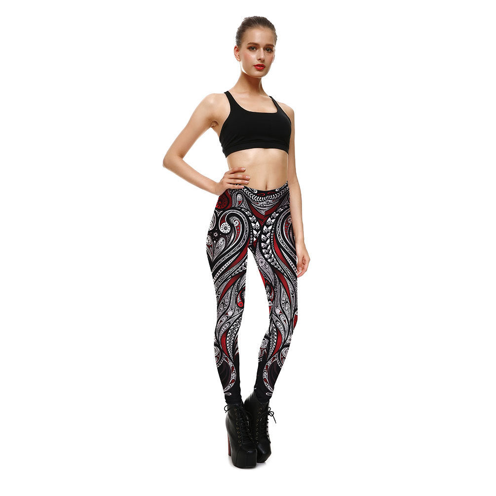 Red Rose Black Mandala Weave Yoga Workout Leggings