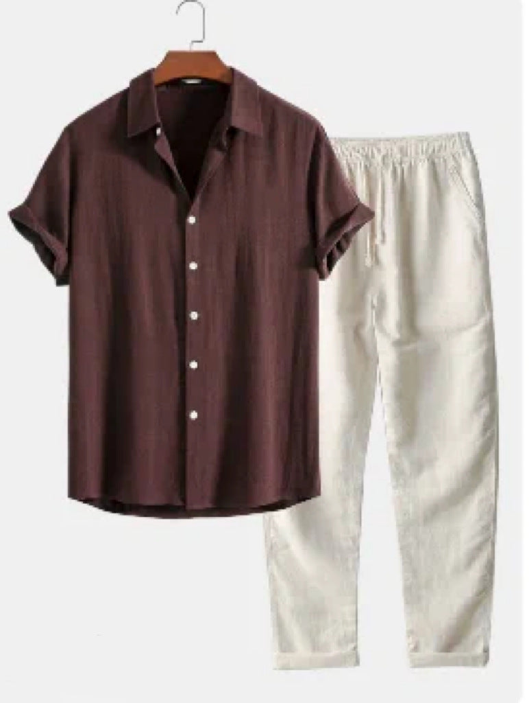 Men's Casual Loose Multi-color Beachwear Cotton And Linen Short Sleeve Suit Two-piece Set