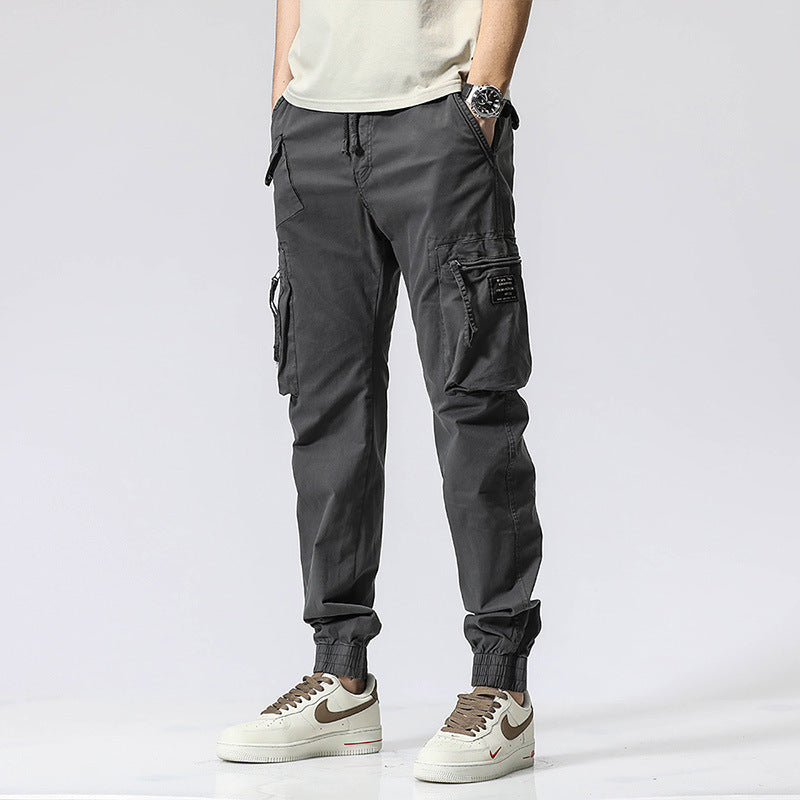 Casual Pants Trendy Brand Elastic Waist Men's Youth Simple Pure Cotton Multi-pocket Work Pants Trousers Ankle-tied