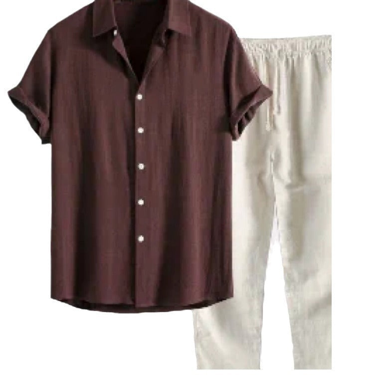 Men's Casual Loose Multi-color Beachwear Cotton And Linen Short Sleeve Suit Two-piece Set