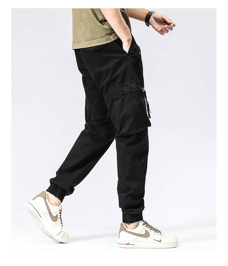 Casual Pants Trendy Brand Elastic Waist Men's Youth Simple Pure Cotton Multi-pocket Work Pants Trousers Ankle-tied