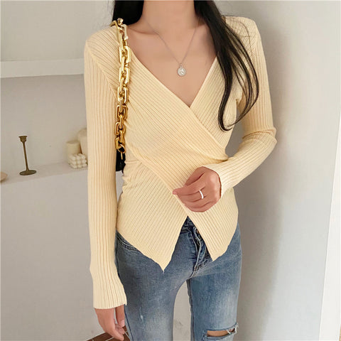 Women's Cross V-neck Long-sleeved T-shirt Inner Bottoming Sweater