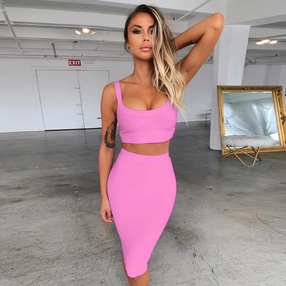 Solid Color Sling U-neck Short Top High Waist Slim Hip Skirt Bandage Skirt Suit