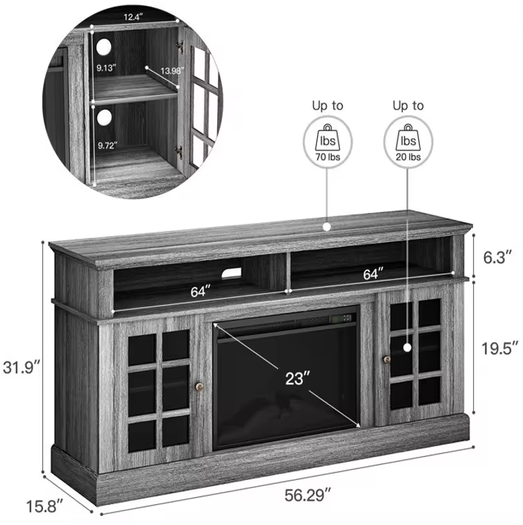 Media Console TV Stand For TVs Up To 70 With Electric Fireplace Included. TV stand and a fireplace